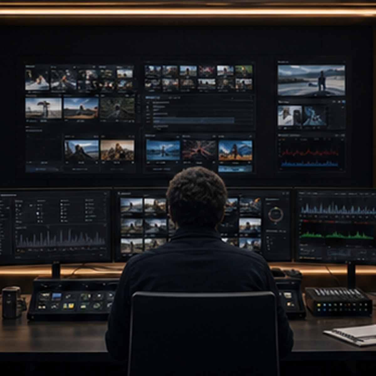 Broadcast post-production operator monitoring QC, media status, and delivery risk