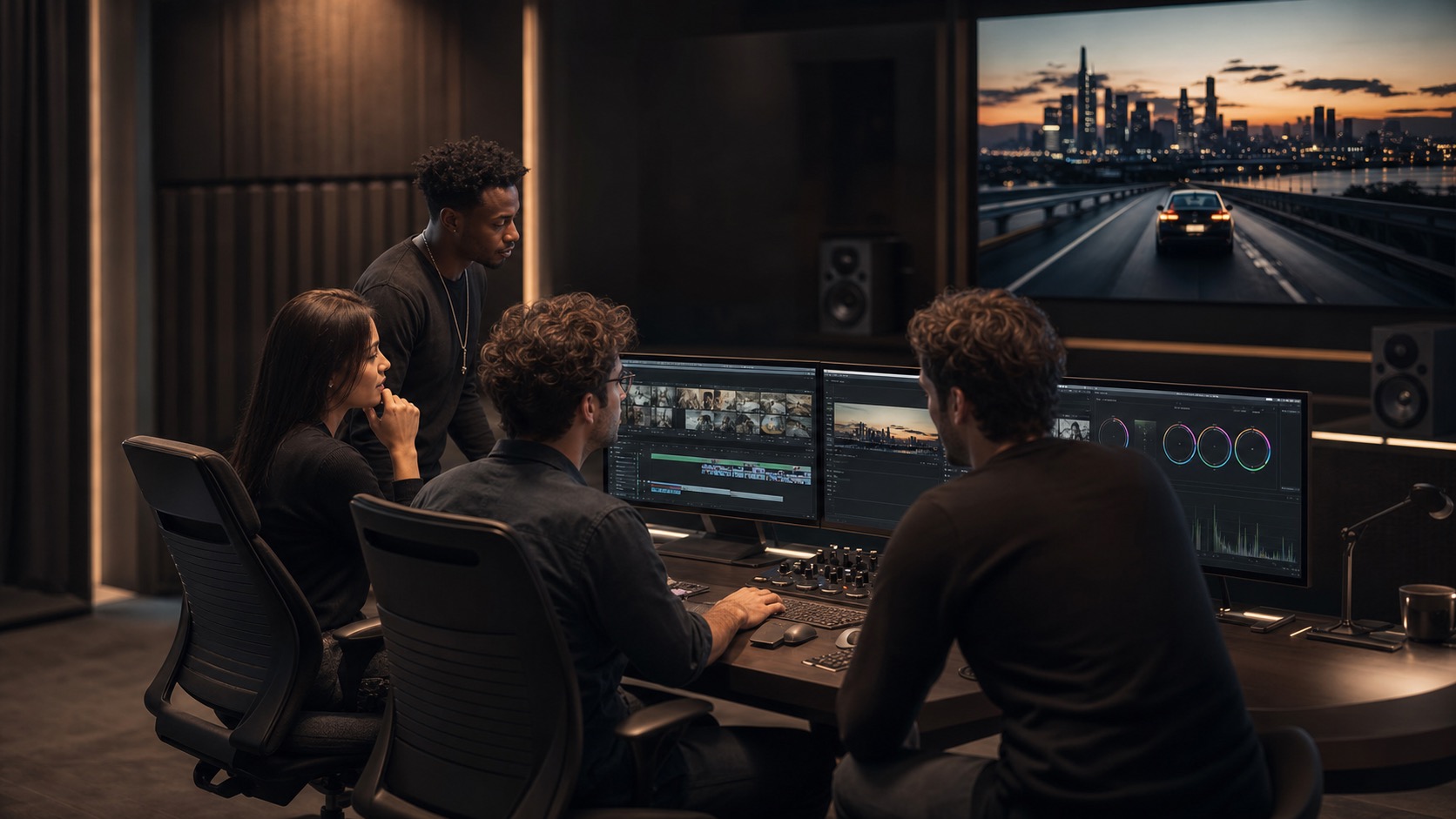Editors collaborating in a modern post-production suite