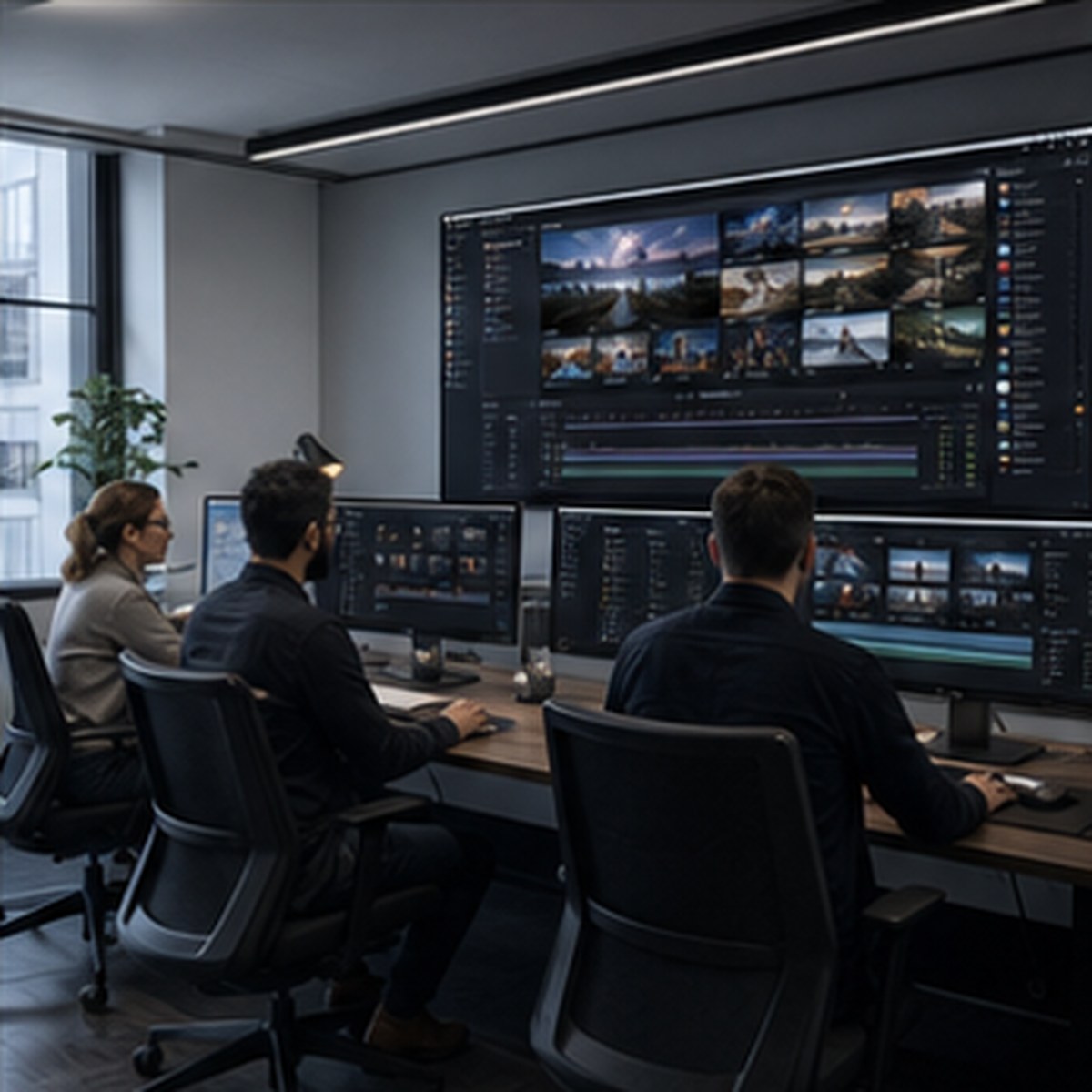 Post-production editors collaborating in a suite